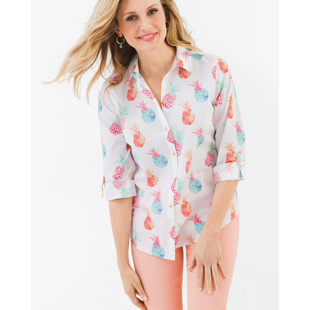 Chicos Button Up Size 1 M Pineapple 3/4 Sleeve Beach Coastal Tropical No Iron